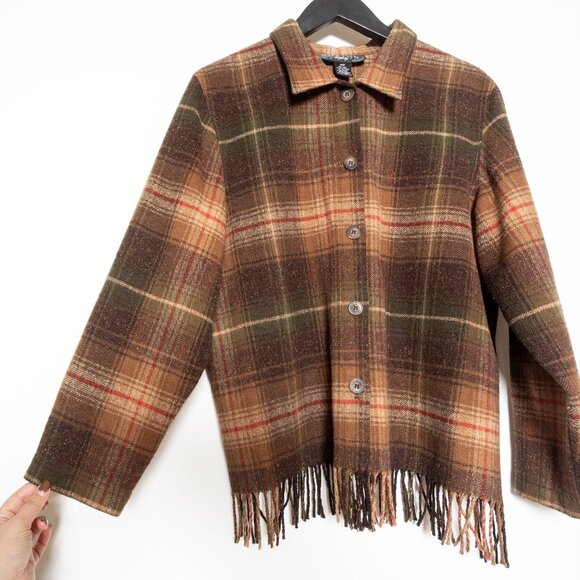 SOLD - Vintage Brown Green Wool-Blend Plaid Fringed Shirt Jacket Norton Studio - Picture 4 of 12